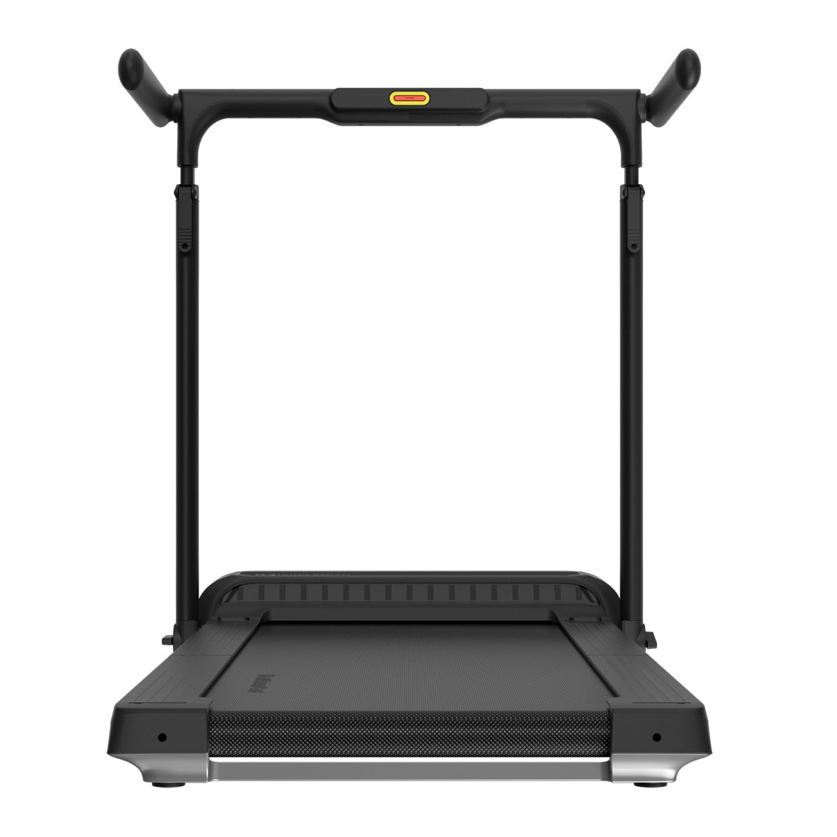 Ein schwarzes Kingsmith WalkingPad R3 Hybrid+ Klappbares Laufband bis 12 km/h, abgebildet von vorne, mit flacher Lauffläche, minimalistischem Lenker und kompaktem Display - ideal als leises Laufband für das ruhige Heimtraining.