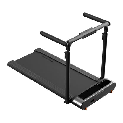 Ein schwarzes Kingsmith WalkingPad R3 Hybrid+ klappbares Laufband bis 12 km/h mit Handläufen, leisem Motor, niedrigem Profil und digitalem Frontdisplay.