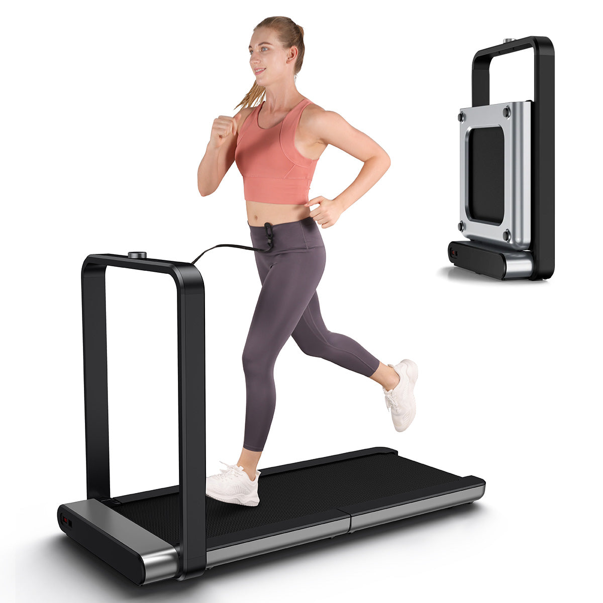 Eine Frau joggt auf dem Kingsmith WalkingPad X21 – einem modernen schwarzen Laufband (Höchstgeschwindigkeit 12 km/h, belastbar bis zu 110 kg), während im Hintergrund das klappbare Laufband in seiner kompakten, zusammengeklappten Form zu sehen ist.