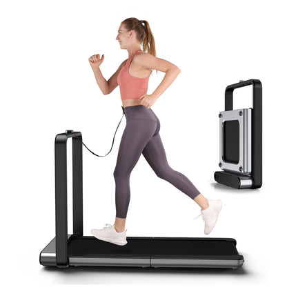 Eine Frau joggt auf dem Kingsmith WalkingPad X21, einem schwarzen, minimalistisch gestalteten, kompakten Laufband. Ein eingefügtes Bild zeigt das WalkingPad X21 im zusammengeklappten Zustand zur Aufbewahrung.