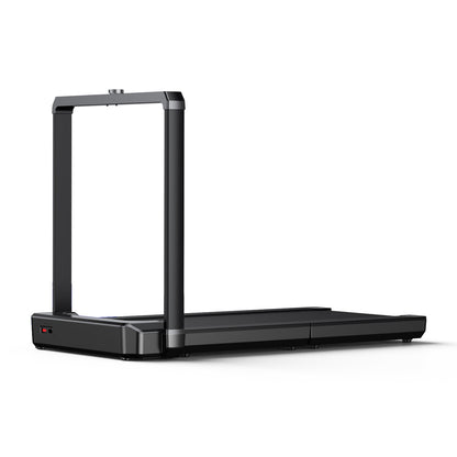 Das Kingsmith WalkingPad X23/MX16 Klappbares Laufband, ein schwarzes, faltbares Laufband mit minimalistischem Design, steht auf einem schlichten weißen Hintergrund.