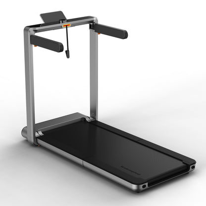 Das Kingsmith WalkingPad X214 Klappbares Laufband ist ein schlankes, platzsparendes Laufband mit minimalistischem Design, grauem Rahmen, schwarzem Laufband, zwei horizontalen Griffstangen und einem kompakten oberen Display.