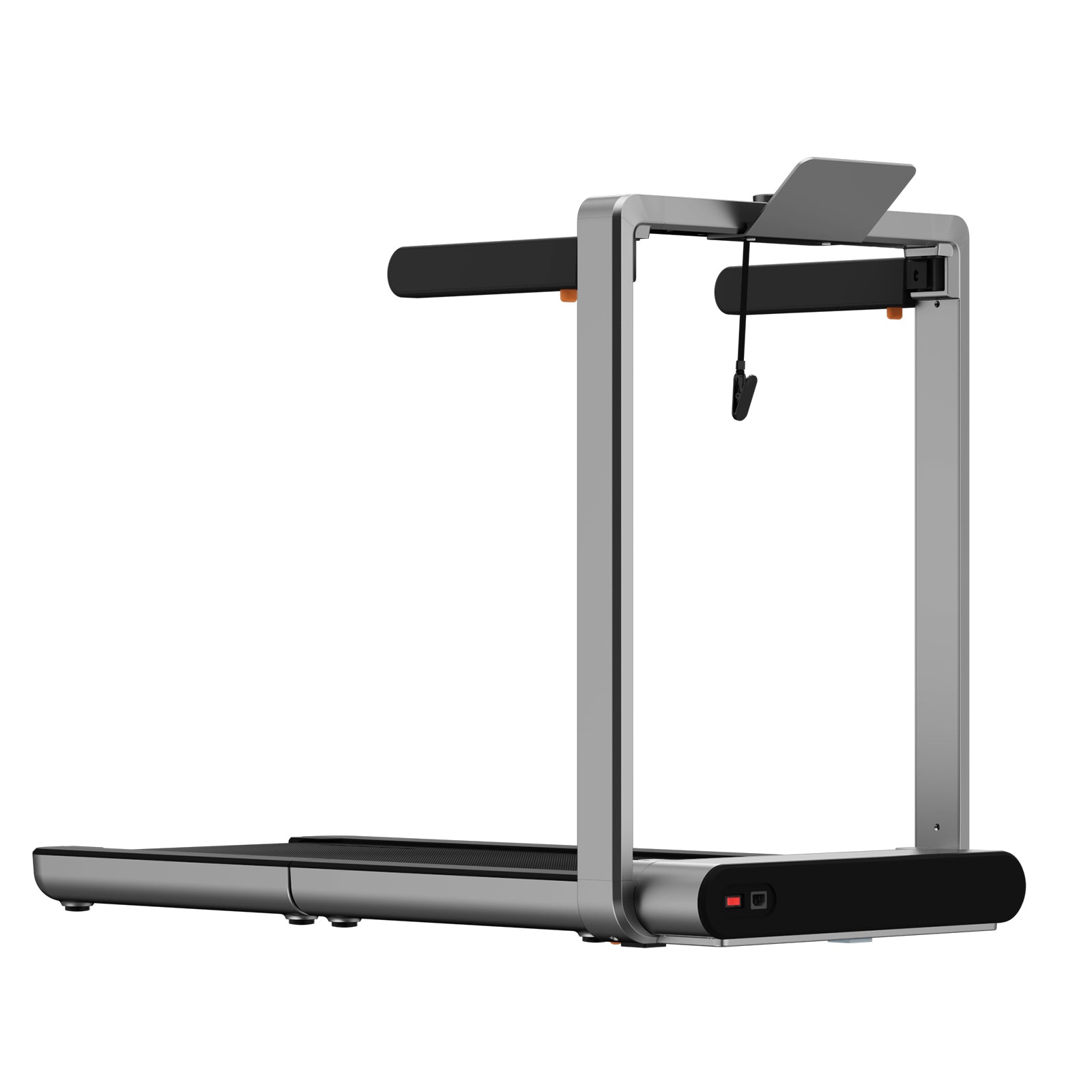 Das Kingsmith WalkingPad X214 Klappbares Laufband verfügt über einen klappbaren Handlauf und eine digitale Anzeige, die von hinten auf weißem Hintergrund dargestellt wird - ideal als Fitnessgerät für zu Hause.