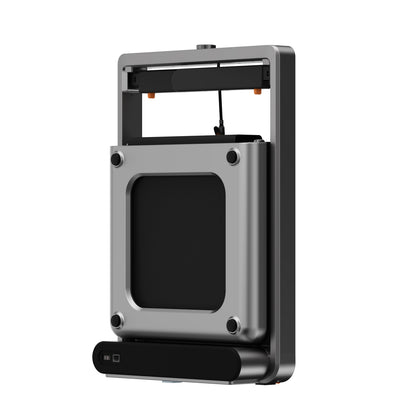 Das Kingsmith WalkingPad X214 Klappbares Laufband ist ein kompaktes, platzsparendes vertikales Laufband mit rechteckigem Metallrahmen, schwarzem Sockel und zentralem Bedienfeld, das sich durch ein minimalistisches Design sowie sichtbare Tasten und Anschlüsse auszeichnet.