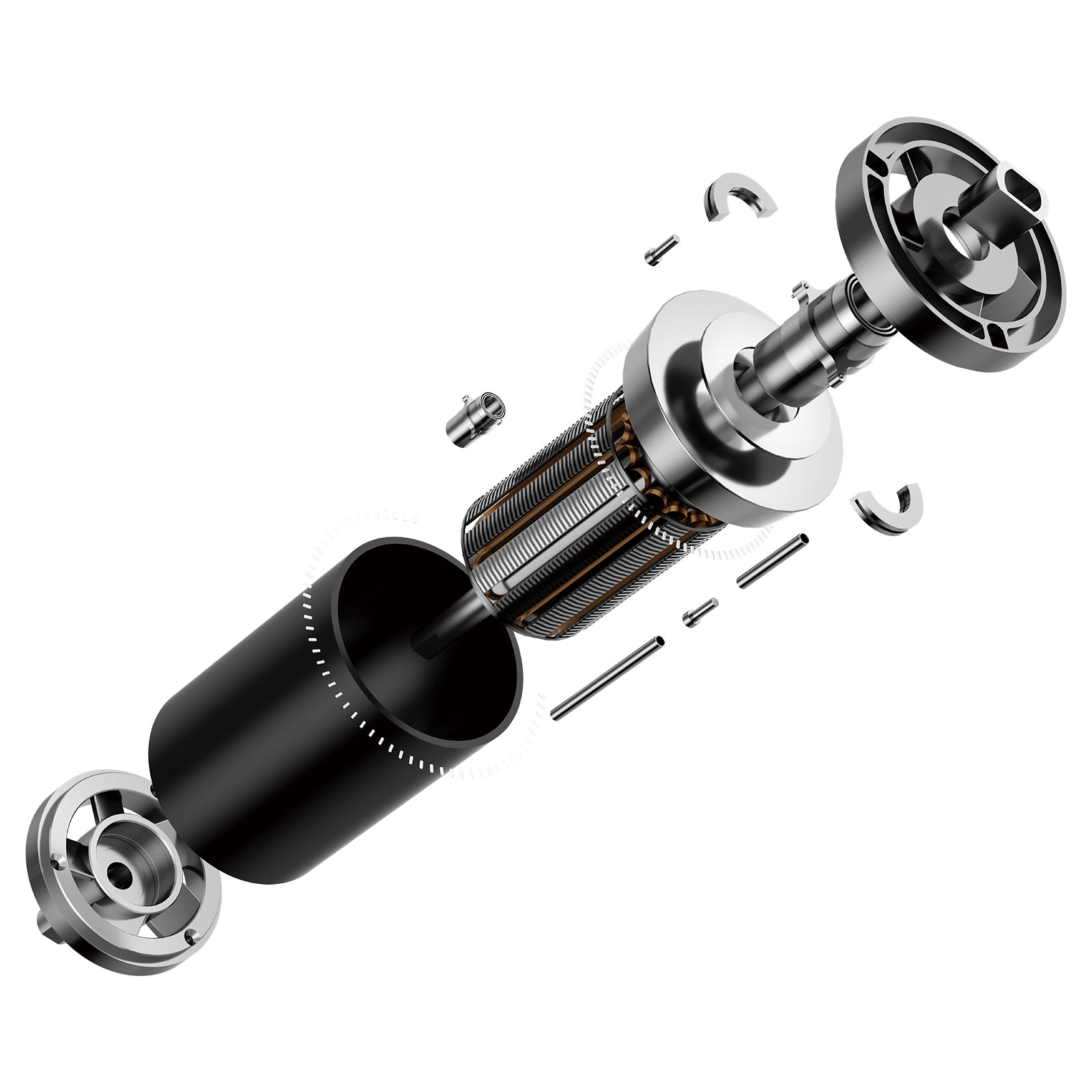 Explosionsdarstellung eines Elektromotors mit Komponenten wie Gehäuse, Rotor, Stator, Welle und Befestigungselementen - ideal zum Verständnis von Geräten wie dem Kingsmith WalkingPad X214 Klappbares Laufband für die Heimfitness.