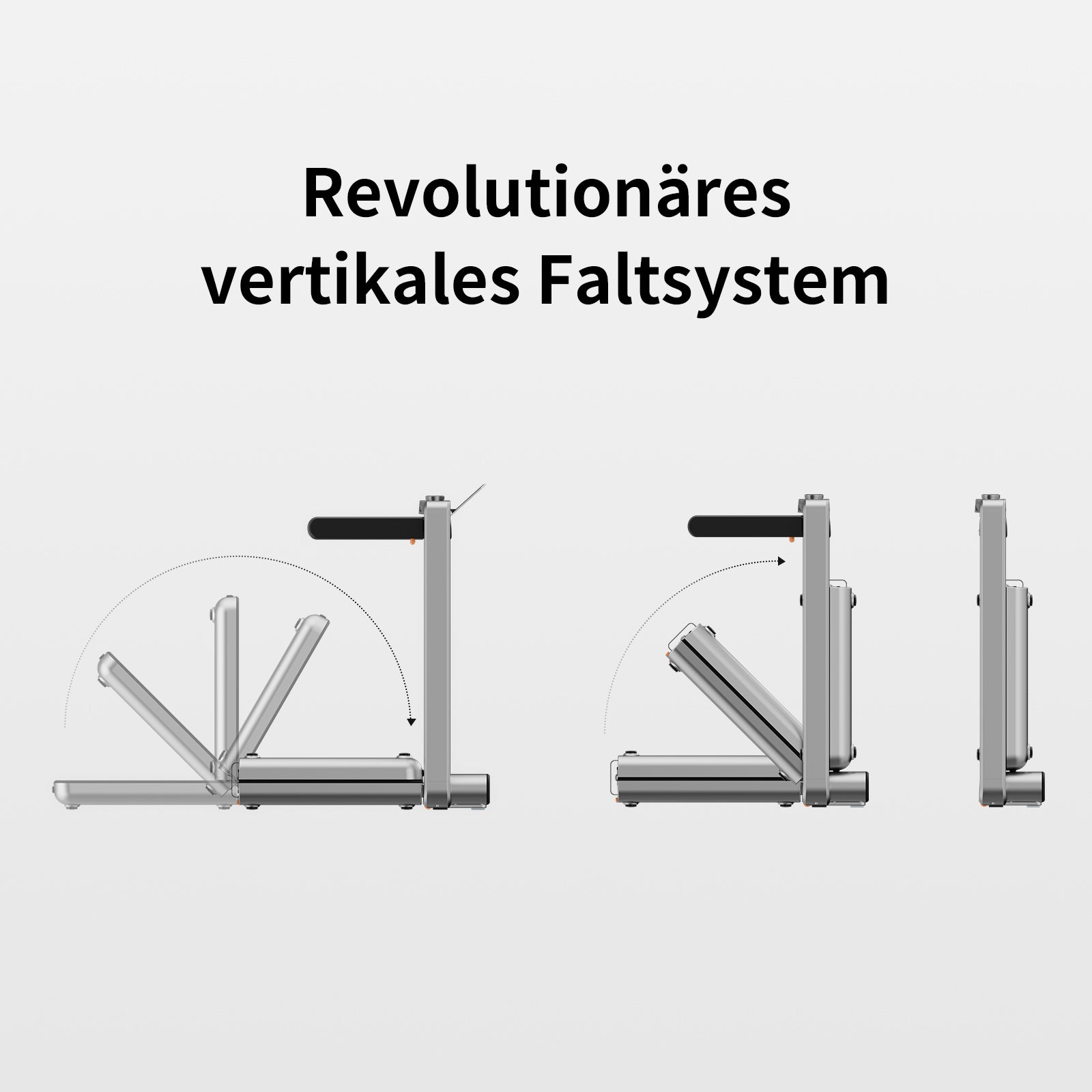 Diagramm eines platzsparenden klappbaren Laufbands, z. B. des Kingsmith WalkingPad X214, mit vertikalem Klappsystem, das in drei Schritten den Wechsel von flach zu aufrecht zeigt.