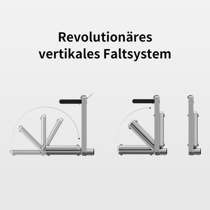 Diagramm eines platzsparenden klappbaren Laufbands, z. B. des Kingsmith WalkingPad X214, mit vertikalem Klappsystem, das in drei Schritten den Wechsel von flach zu aufrecht zeigt.