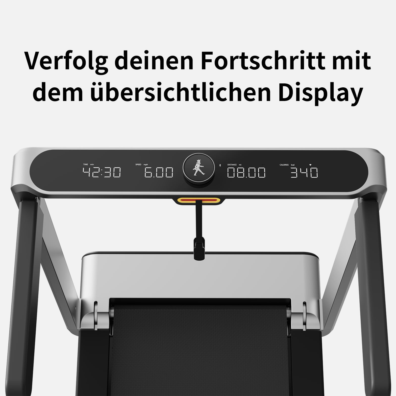 Nahaufnahme des Displays vom Kingsmith WalkingPad X214 Klappbares Laufband zeigt Zeit, Distanz, Geschwindigkeit und Kalorien - die Anzeige ist klar und ideal, um platzsparend Fortschritte zu verfolgen.