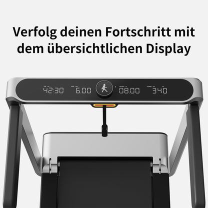 Nahaufnahme des Displays vom Kingsmith WalkingPad X214 Klappbares Laufband zeigt Zeit, Distanz, Geschwindigkeit und Kalorien - die Anzeige ist klar und ideal, um platzsparend Fortschritte zu verfolgen.