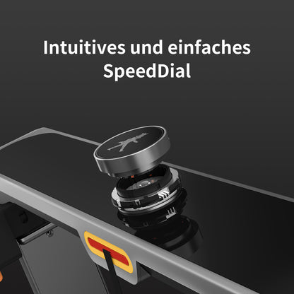 Eine Nahaufnahme des SpeedDial-Drehknopfes am eleganten Kingsmith WalkingPad X214 Klappbares Laufband, mit deutschem Text darüber: "Intuitives und einfaches SpeedDial-perfekt für platzsparendes Training zuhause.