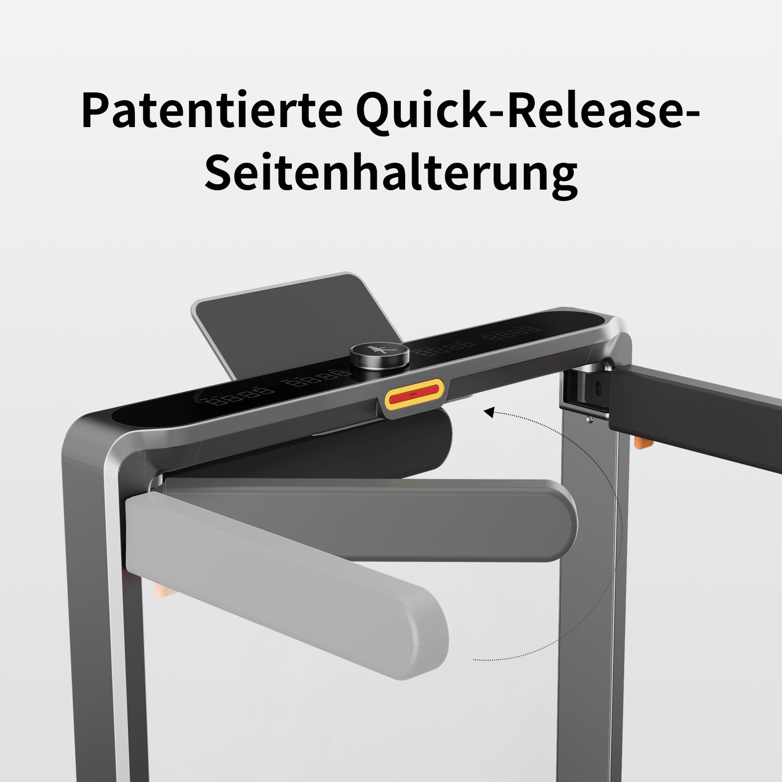 Nahaufnahme des Kingsmith WalkingPad X214 Klappbares Laufband mit patentierten Schnellverschluss-Seitenhaltern, einem Auslöseknopf und teilweise offenen Seitenstangen. Deutscher Text oben beschreibt dieses platzsparende Fitnessgerät.