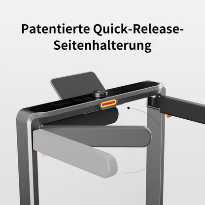 Nahaufnahme des Kingsmith WalkingPad X214 Klappbares Laufband mit patentierten Schnellverschluss-Seitenhaltern, einem Auslöseknopf und teilweise offenen Seitenstangen. Deutscher Text oben beschreibt dieses platzsparende Fitnessgerät.