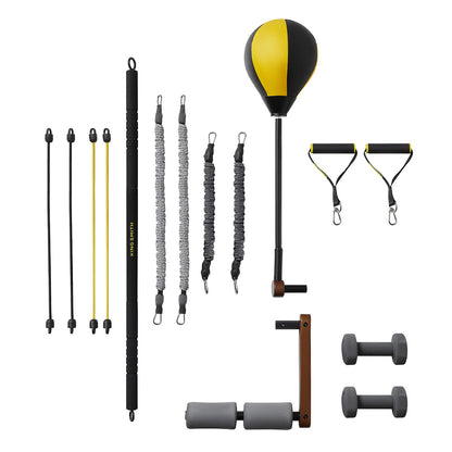 Ein Home-Gym-Set mit Widerstandsbändern, einem gelb-schwarzen Punchingball, Stange, Griffen, Türanker, Schaumstoffrollen, zwei grauen Hanteln und der Kingsmith Klappbare Trainingsbank Multifunktion für vielseitiges Krafttraining.