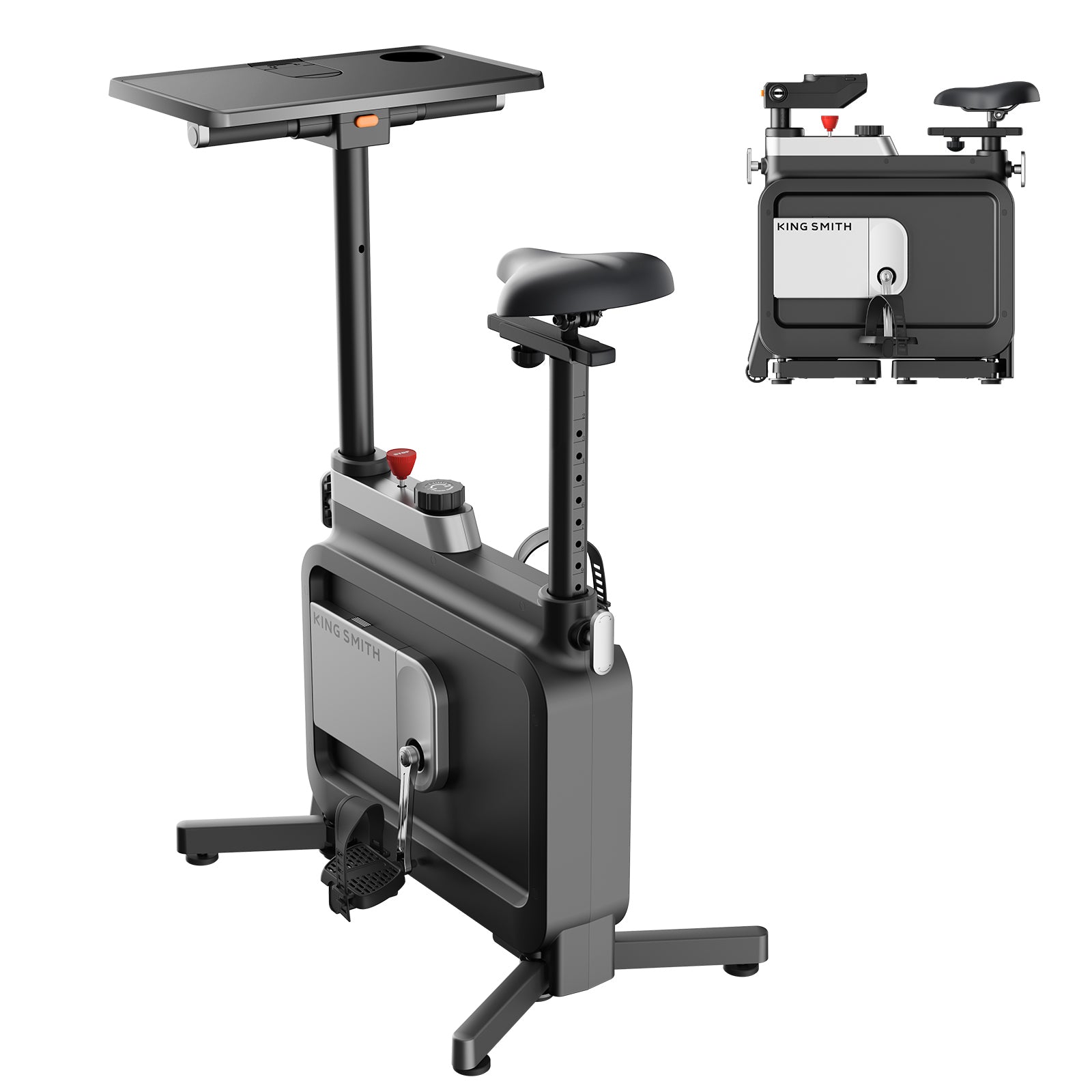 Das Kingsmith Office Bike W1B von Kingsmith ist ein kompaktes, faltbares Trainingsrad mit verstellbarem Sitz und Tischplatte, das zusammengebaut und gefaltet gezeigt wird - perfekt für die Fitness im Büro dank seines platzsparenden Designs.