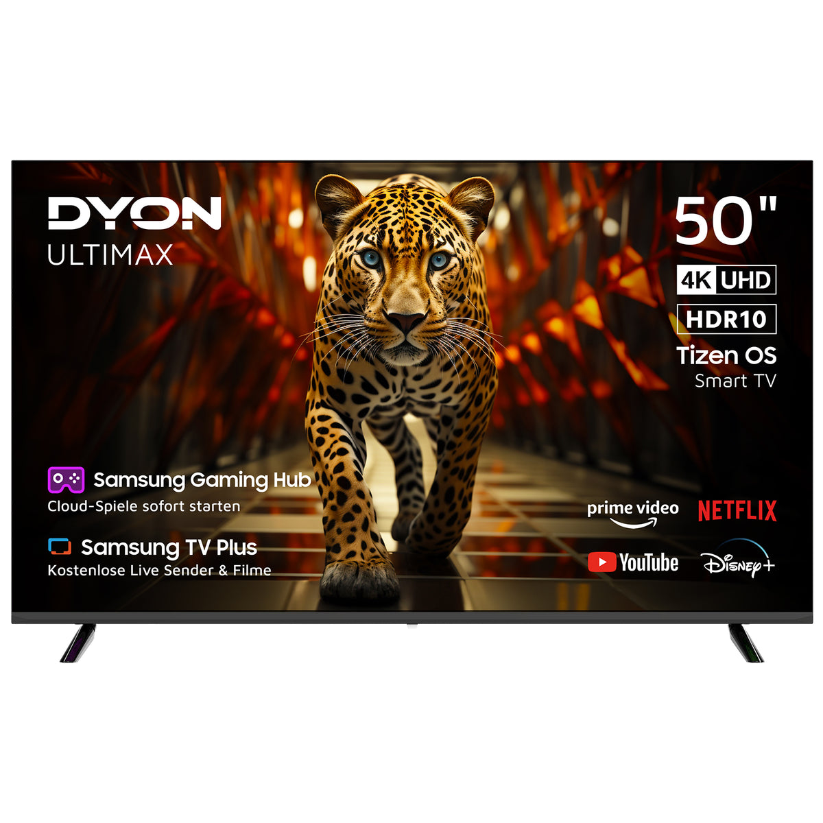 Ein Dyon Ultimax 50U-TI 50-Zoll-4K-UHD-Samsung-Tizen-Smart-TV – Gaming Hub zeigt eine Nahaufnahme eines laufenden Leoparden, wobei die Logos der Streaming-Apps und wichtige TV-Funktionen auf dem Bildschirm hervorgehoben sind. Angetrieben vom Tizen-Betriebssystem und ausgestattet mit dem Samsung Gaming Hub bietet dieser Fernseher nahtlose Unterhaltung und fesselnde Spielerlebnisse in atemberaubender 4K-Auflösung.