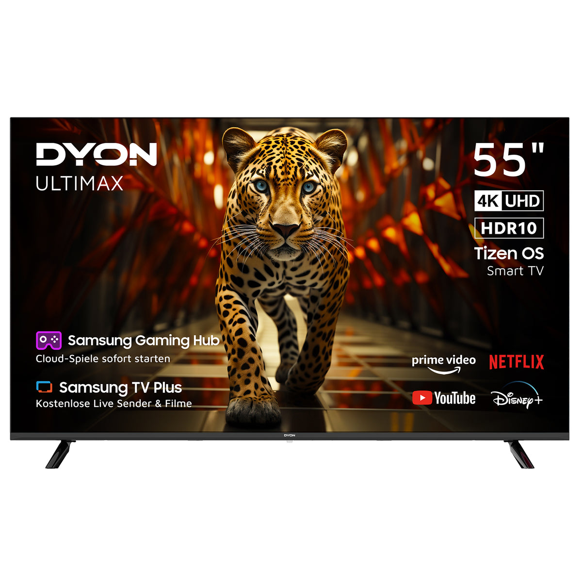 Ein Dyon Ultimax 55U-Ti, ein 55-Zoll-4K-UHD-Smart-TV von Samsung mit Tizen-Betriebssystem, zeigt auf dem Bildschirm einen Leoparden, flankiert von Logos von Streaming-Apps und Highlights der Funktionen. Das Gerät läuft unter dem Tizen-Betriebssystem und ist mit dem Samsung Gaming Hub ausgestattet, der für nahtlosen Unterhaltungsgenuss sorgt.