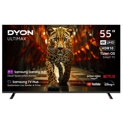 Ein Dyon Ultimax 55U-Ti, ein 55-Zoll-4K-UHD-Smart-TV von Samsung mit Tizen-Betriebssystem, zeigt auf dem Bildschirm einen Leoparden, flankiert von Logos von Streaming-Apps und Highlights der Funktionen. Das Gerät läuft unter dem Tizen-Betriebssystem und ist mit dem Samsung Gaming Hub ausgestattet, der für nahtlosen Unterhaltungsgenuss sorgt.