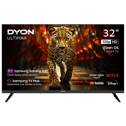 Der DYON Ultimax 32H-TI-W Smart LED TV von Dyon zeigt ein Leopardenbild und bietet einen 32-Zoll-Bildschirm, 720p HD, Tizen OS, Samsung Gaming Hub, Streaming-Dienste und Samsung TV Plus.