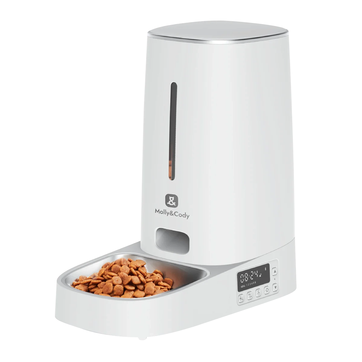 Die Molly&Cody BALOU Futtermaschine ist ein weißer Futterautomat mit einem digitalen Bedienfeld, einem Fassungsvermögen von 4 Litern, einem mit Trockenfutter gefüllten Futternapf und einem vertikalen Fenster zur Anzeige der Futterreste.