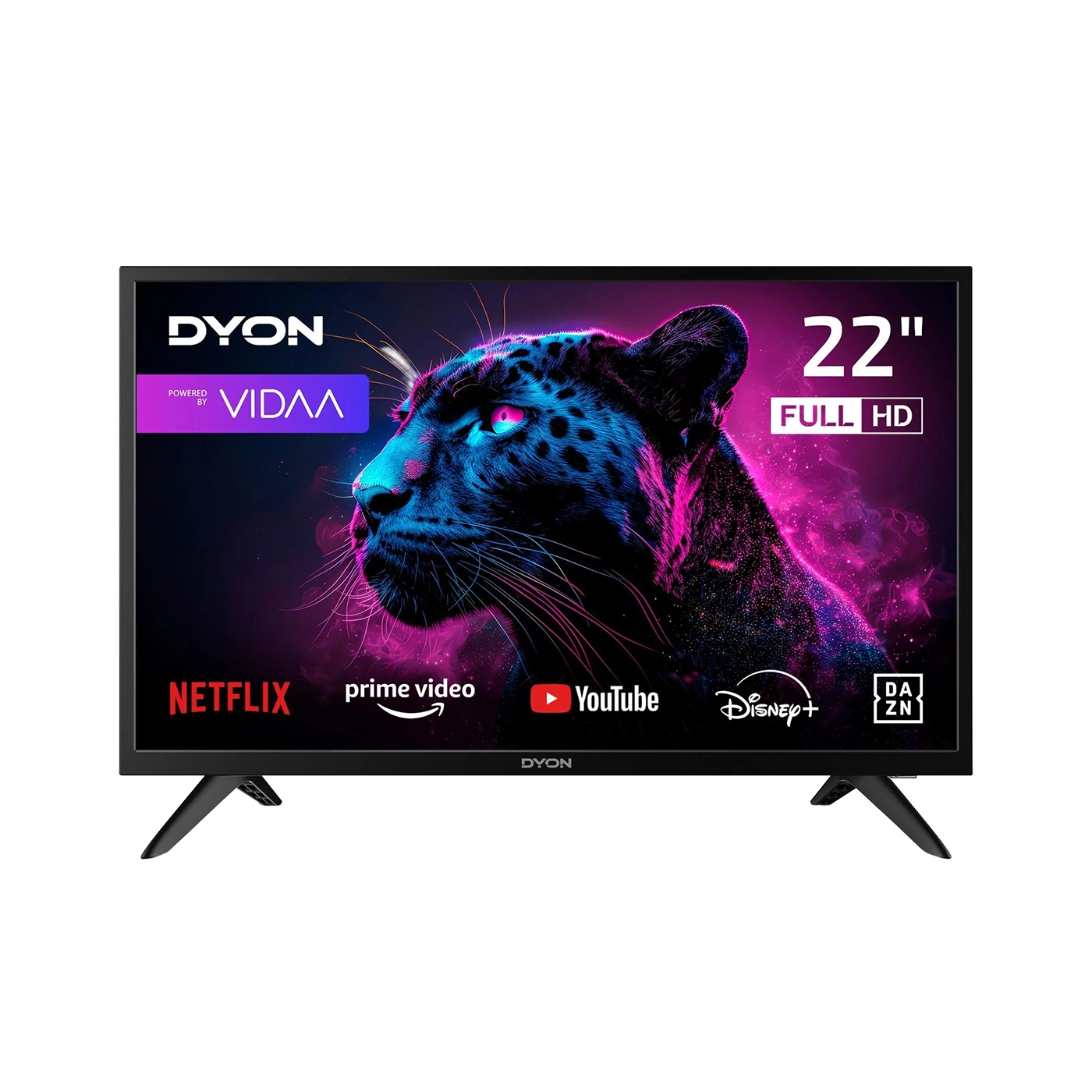 Ein Dyon Movie Smart 22 VX Smart TV (22 Zoll, 55 cm) zeigt auf seinem Full HD-Bildschirm Logos von Streaming-Apps, eine schwarze Panther-Grafik und das VIDAA-Logo.