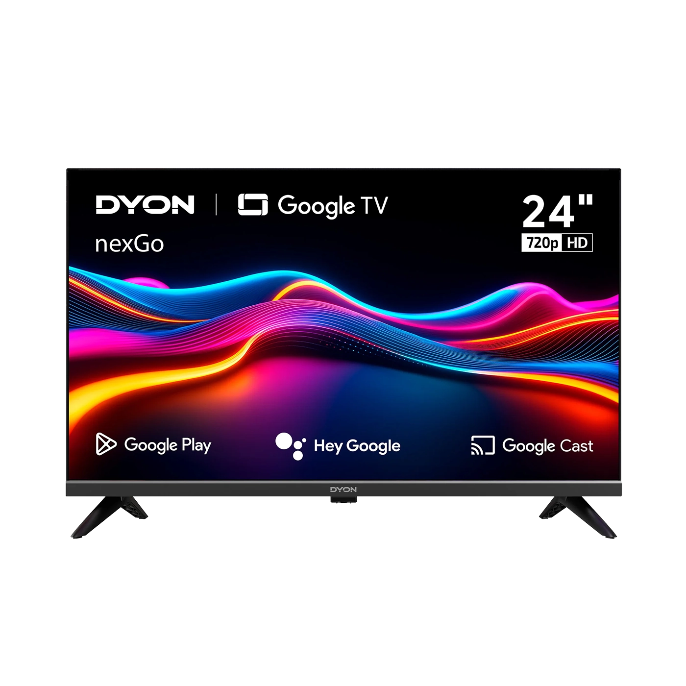 Ein 24-Zoll Dyon nexGo 24H Smart TV (60 cm) zeigt auf seinem 720p HD-Bildschirm bunte Wellengrafiken und App-Symbole für Google Play, Hey Google und Google Cast an.