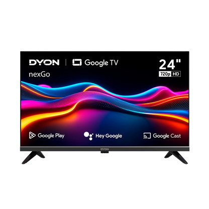 Ein 24-Zoll Dyon nexGo 24H Smart TV (60 cm) zeigt auf seinem 720p HD-Bildschirm bunte Wellengrafiken und App-Symbole für Google Play, Hey Google und Google Cast an.