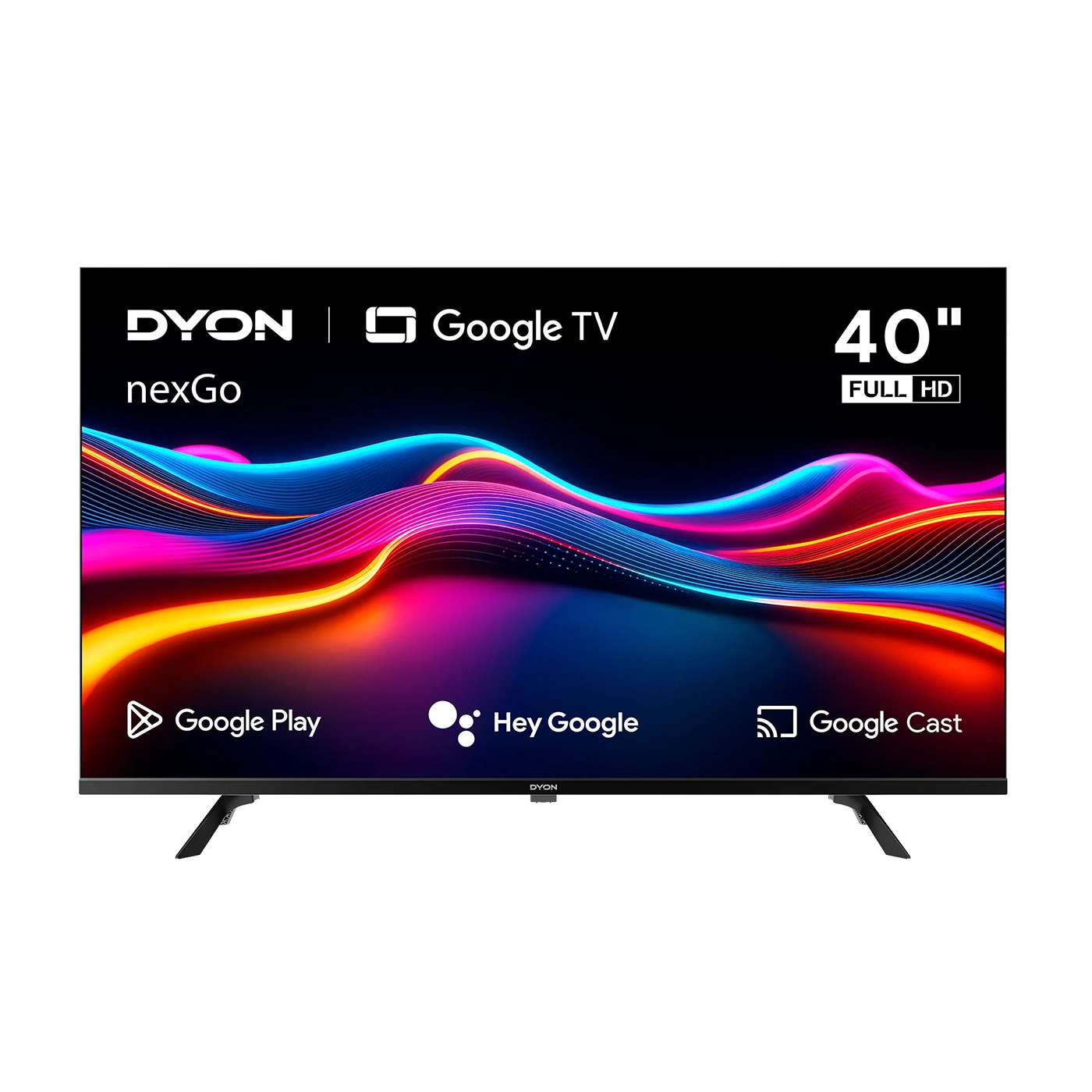 Der Dyon nexGo 40F Smart LED TV (40 Zoll, 100 cm) zeigt lebendige Wellen und zeigt Google Play-, Hey Google- und Google Cast-Logos in Full HD an.