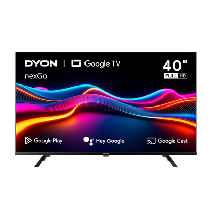 Der Dyon nexGo 40F Smart LED TV (40 Zoll, 100 cm) zeigt lebendige Wellen und zeigt Google Play-, Hey Google- und Google Cast-Logos in Full HD an.