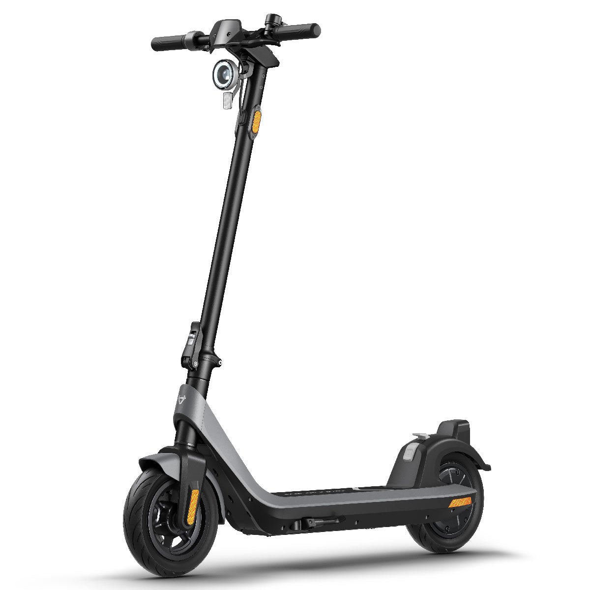 Der NIU KQi2 Pro E-Scooter in Schwarz verfügt über einen langen Vorbau, einen Lenker, Vorder- und Rücklicht, einen Ständer und das NIU ENERGY BMS-System für bis zu 40 km Reichweite, dargestellt auf einem schlichten weißen Hintergrund.