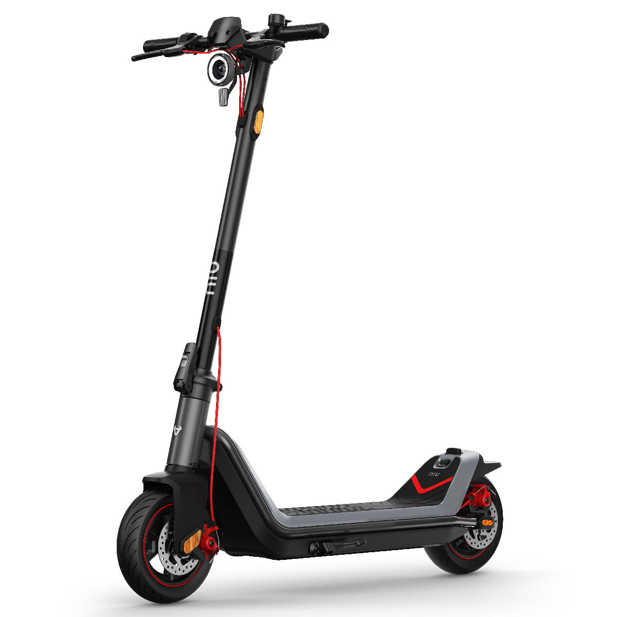 Der NIU KQi3 Max E-Scooter verfügt über selbstheilende Reifen, das NIU ENERGY BMS-System, ein schwarz-rotes Design, ein Stehdeck, Lenkersteuerung und zwei Räder - alles vor einem weißen Hintergrund.