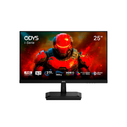 Der 25-Zoll Odys i25-F-144 Flat Gaming Monitor zeigt ein lebendiges Bild einer rot gepanzerten Figur und hebt Specs wie FHD, 16:9, 1ms Reaktionszeit, 144Hz Bildwiederholrate, HDR10-Unterstützung und sRGB 120% Abdeckung hervor.