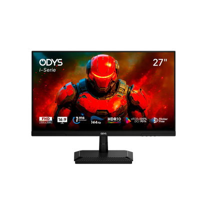 Der Odys i27-F-144 Flat Gaming Monitor (27 Zoll, 69 cm) zeigt einen rot gepanzerten Charakter und bietet FHD, 16:9 Verhältnis, 7ms Reaktionszeit, 144Hz Bildwiederholrate, HDR10 Unterstützung und sRGB 120%.