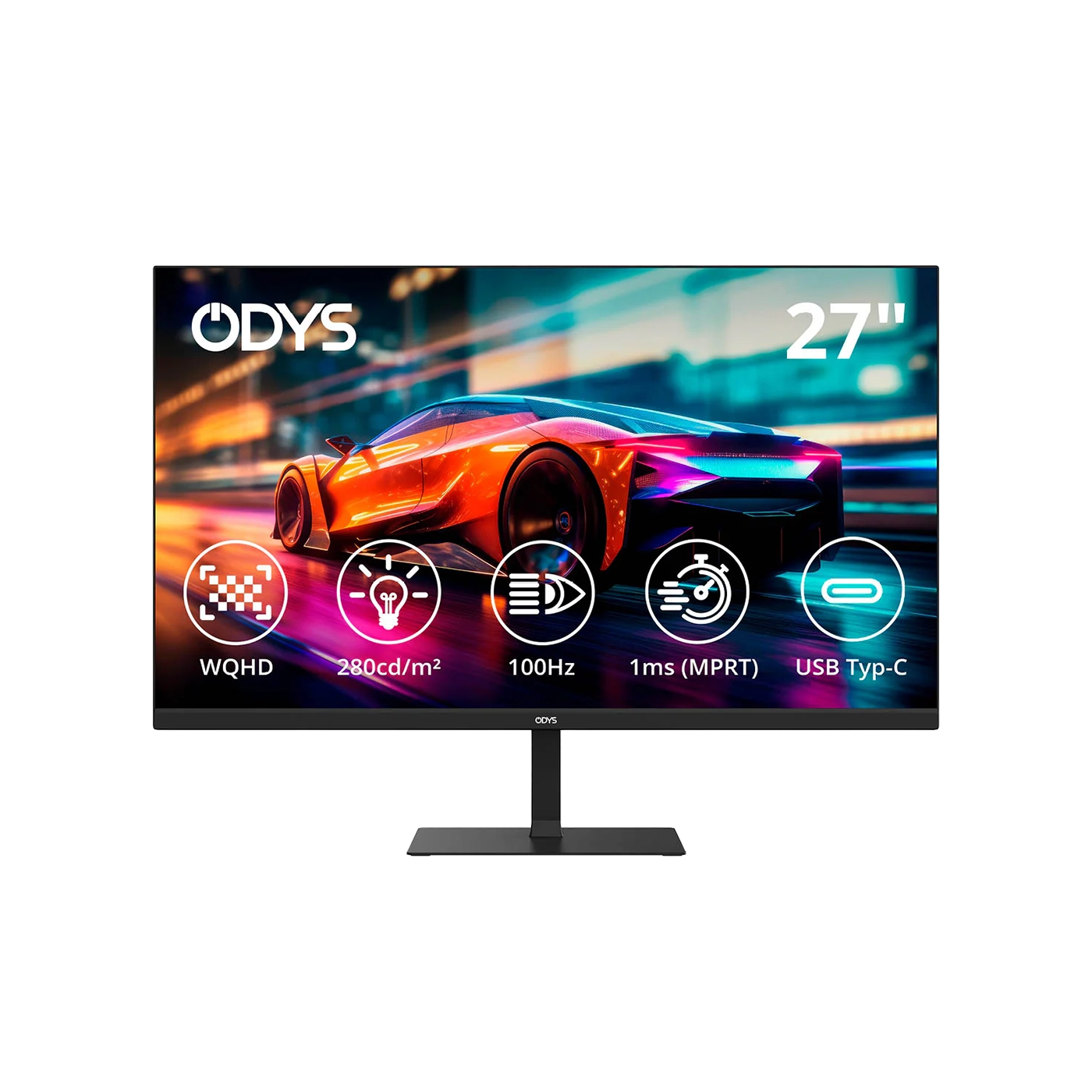 Der 27-Zoll Odys i27-Q-100 Flat Gaming Monitor zeigt einen Rennwagen und bietet WQHD-Auflösung, 280 cd/m² Helligkeit, 100Hz Bildwiederholrate, 1ms Reaktionszeit und USB Typ-C Unterstützung.