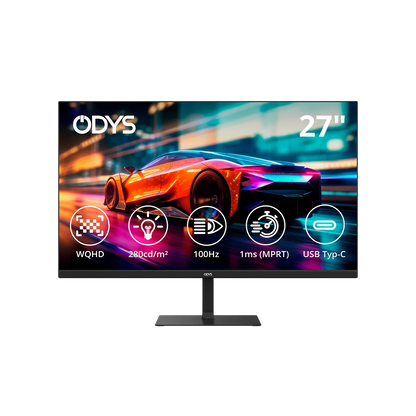 Der 27-Zoll Odys i27-Q-100 Flat Gaming Monitor zeigt einen Rennwagen und bietet WQHD-Auflösung, 280 cd/m² Helligkeit, 100Hz Bildwiederholrate, 1ms Reaktionszeit und USB Typ-C Unterstützung.