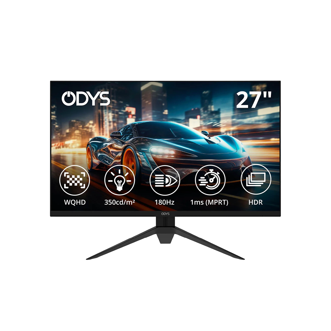 Der Odys i27-Q-180 Flat Gaming Monitor (27", 69 cm) präsentiert sich als Sportwagen mit WQHD-Auflösung, 350 cd/m² Helligkeit, 180 Hz Bildwiederholrate, 1 ms MPRT Reaktionszeit und HDR-Unterstützung.