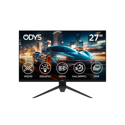 Der Odys i27-Q-180 Flat Gaming Monitor (27", 69 cm) präsentiert sich als Sportwagen mit WQHD-Auflösung, 350 cd/m² Helligkeit, 180 Hz Bildwiederholrate, 1 ms MPRT Reaktionszeit und HDR-Unterstützung.