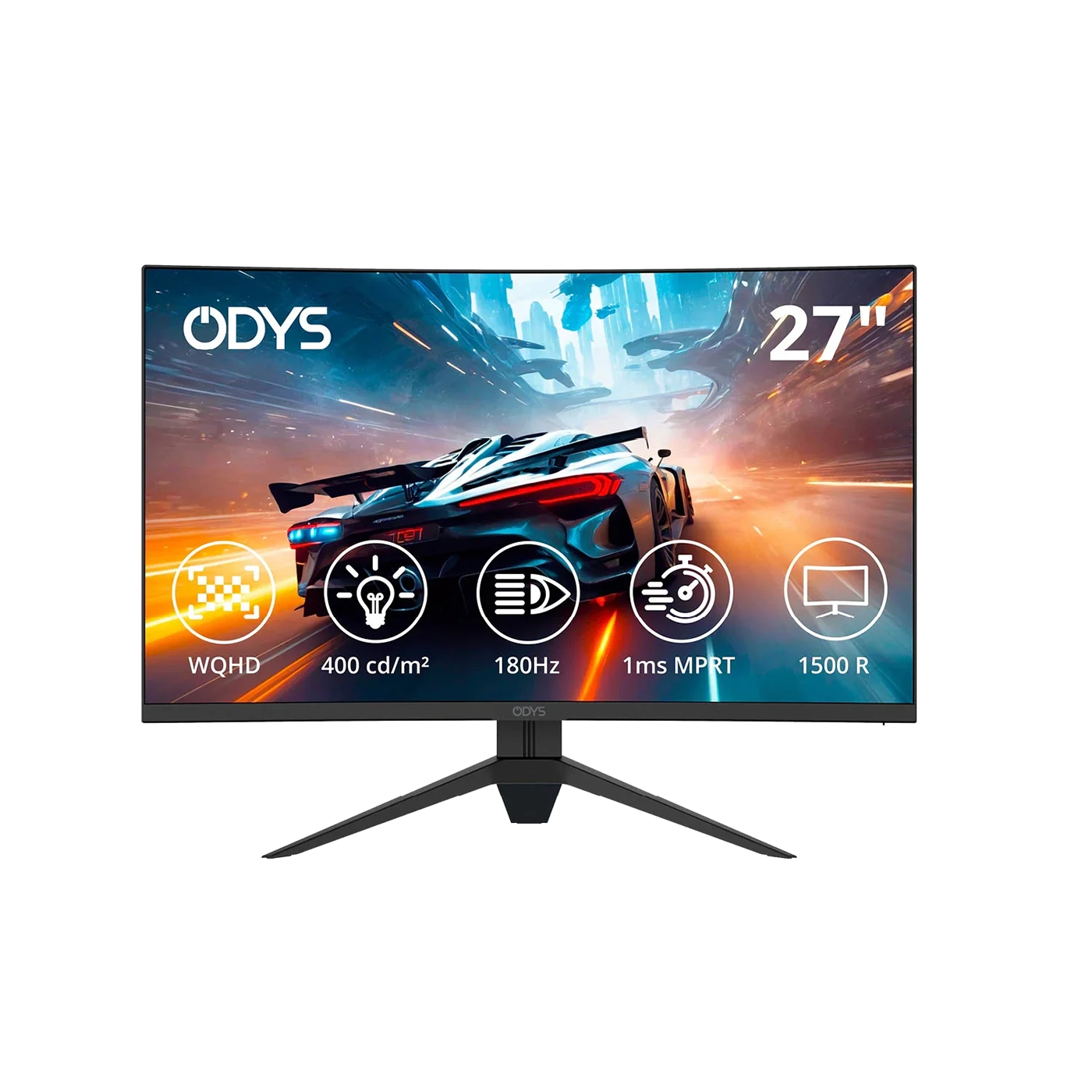 Der Odys Q27 PRO-X Curved Gaming Monitor (27 Zoll, 69 cm) liefert Rennspiele in lebendigem WQHD mit 400 cd/m² Helligkeit, einer schnellen Bildwiederholrate von 180 Hz, 1ms MPRT und einer immersiven 1500R-Kurve.