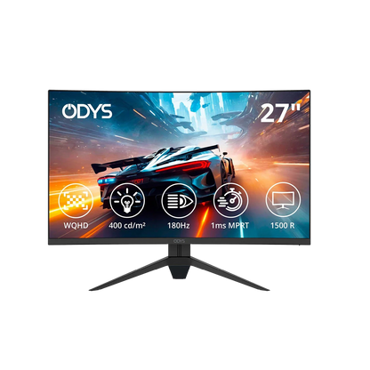 Der Odys Q27 PRO-X Curved Gaming Monitor (27 Zoll, 69 cm) liefert Rennspiele in lebendigem WQHD mit 400 cd/m² Helligkeit, einer schnellen Bildwiederholrate von 180 Hz, 1ms MPRT und einer immersiven 1500R-Kurve.