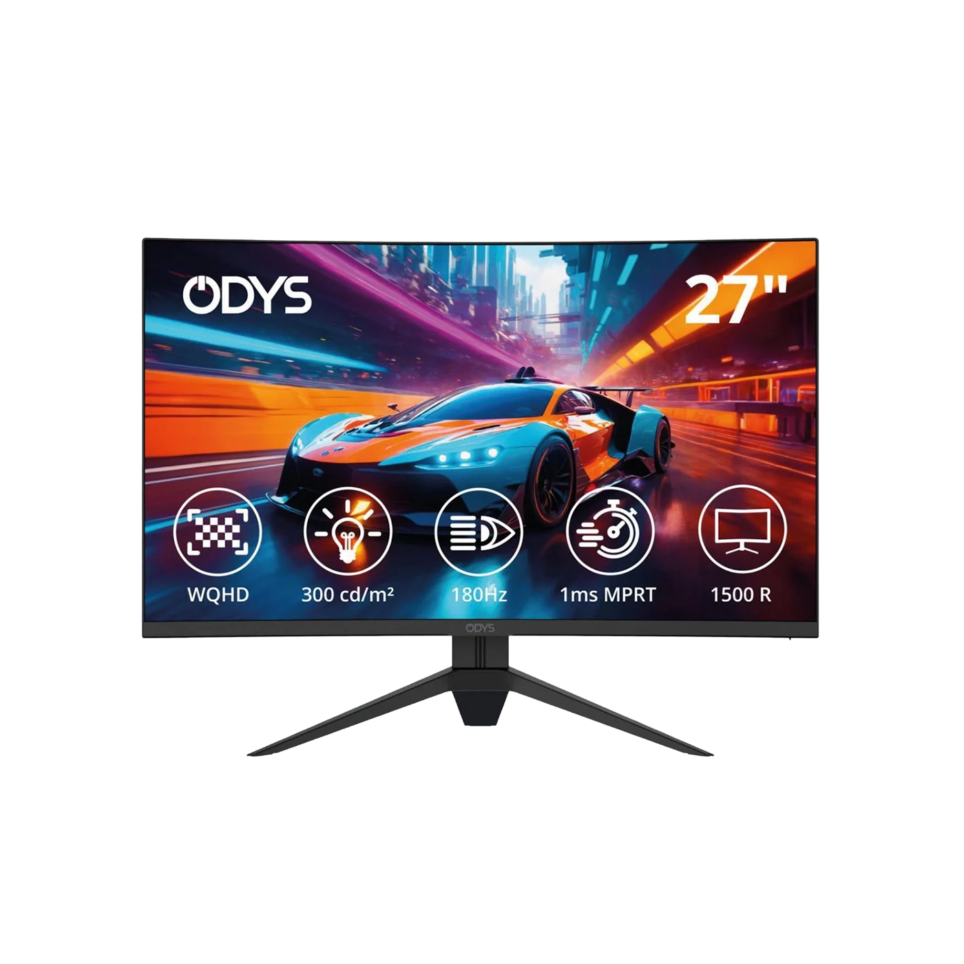 Der 27-Zoll Odys Q27-X Curved Gaming Monitor (69 cm) bietet WQHD-Auflösung, 300 cd/m² Helligkeit, 180Hz Bildwiederholrate, 1ms MPRT und eine 1500R-Kurve, die ein Sportwagenbild auf dem Bildschirm darstellt.