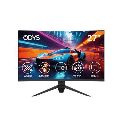 Der 27-Zoll Odys Q27-X Curved Gaming Monitor (69 cm) bietet WQHD-Auflösung, 300 cd/m² Helligkeit, 180Hz Bildwiederholrate, 1ms MPRT und eine 1500R-Kurve, die ein Sportwagenbild auf dem Bildschirm darstellt.