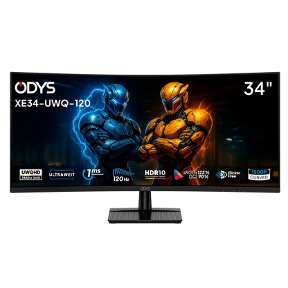 Der 34-Zoll Odys XE34-UWQ-120 Curved Gaming Monitor zeigt zwei gepanzerte Figuren und hebt Merkmale wie UWQHD-Auflösung, 120Hz Bildwiederholrate, HDR10-Unterstützung und eine 1500R-Kurve hervor.