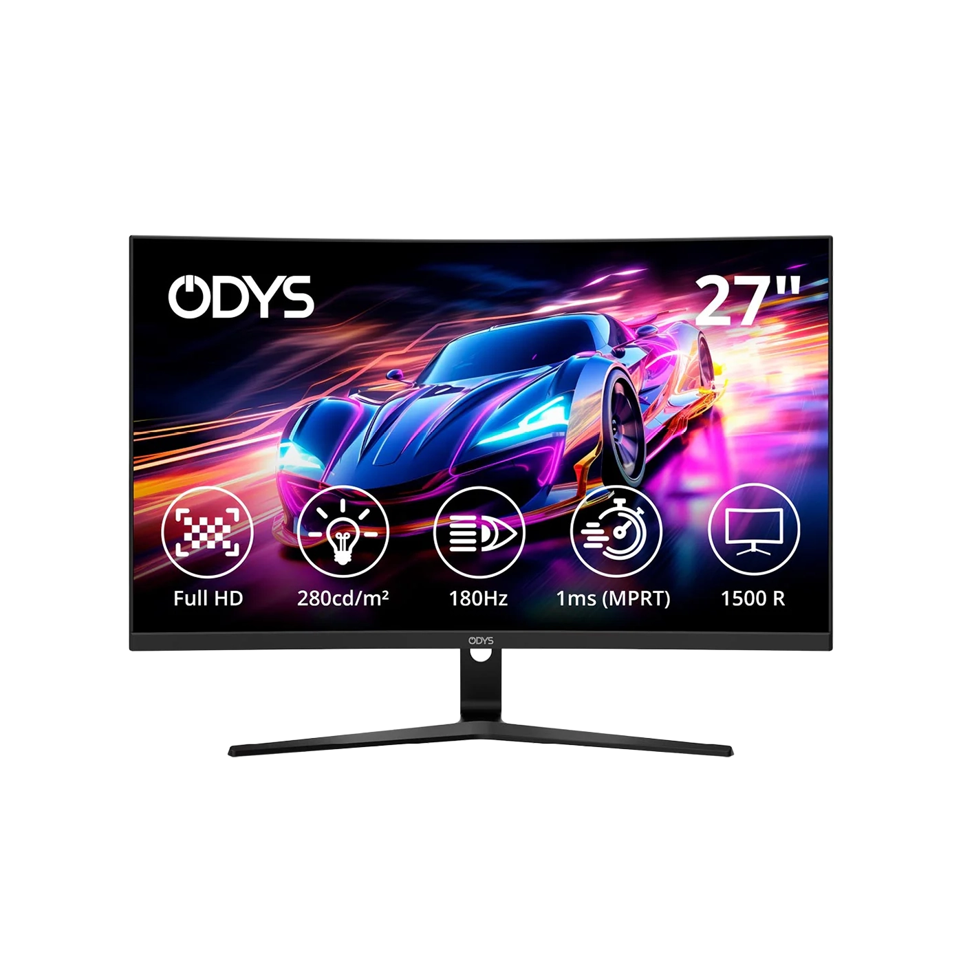 Der Odys XP27-F-180 Curved Gaming Monitor (27 Zoll, 69 cm) zeigt eine lebendige Sportwagengrafik und verfügt über eine Helligkeit von 280 cd/m², eine Bildwiederholrate von 180 Hz, eine Reaktionszeit von 1 ms und eine immersive 1500R-Krümmung.