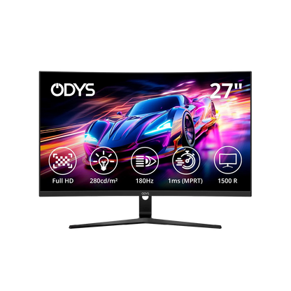 Der Odys XP27-F-180 Curved Gaming Monitor (27 Zoll, 69 cm) zeigt eine lebendige Sportwagengrafik und verfügt über eine Helligkeit von 280 cd/m², eine Bildwiederholrate von 180 Hz, eine Reaktionszeit von 1 ms und eine immersive 1500R-Krümmung.