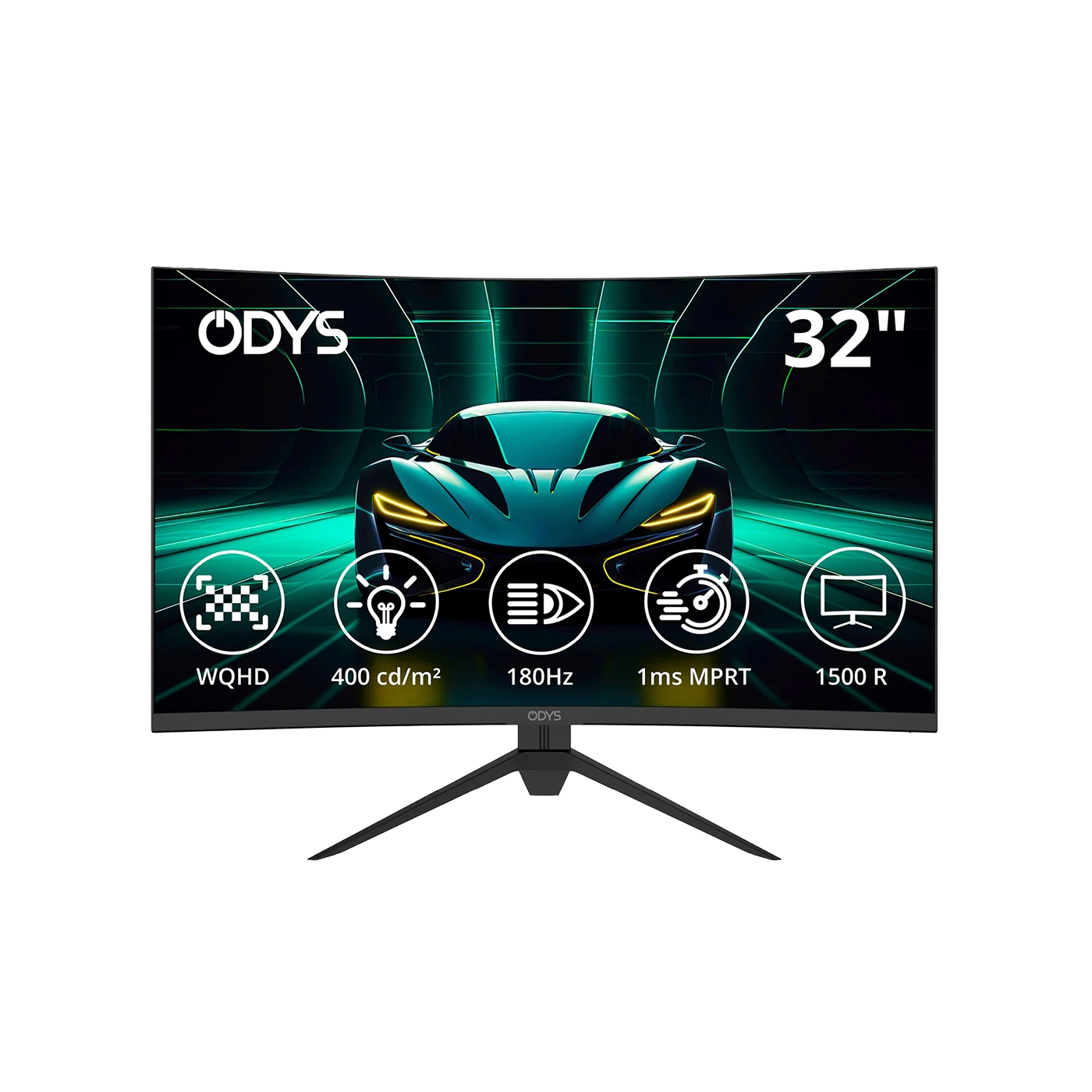 Odys XP32 PRO-X Curved Gaming Monitor (32", 80 cm) bietet WQHD-Auflösung, 400 cd/m² Helligkeit, 180 Hz Bildwiederholfrequenz, 1 ms MPRT-Reaktionszeit und ein 1500R gebogenes Display.