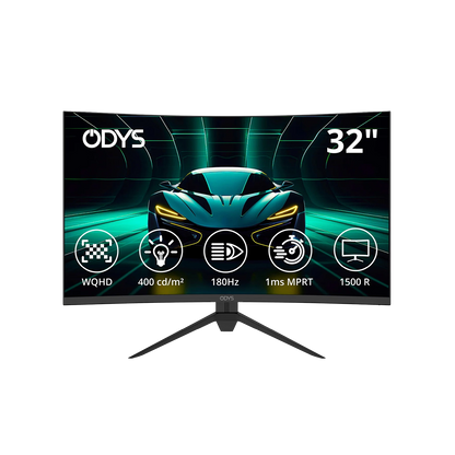 Odys XP32 PRO-X Curved Gaming Monitor (32", 80 cm) bietet WQHD-Auflösung, 400 cd/m² Helligkeit, 180 Hz Bildwiederholfrequenz, 1 ms MPRT-Reaktionszeit und ein 1500R gebogenes Display.