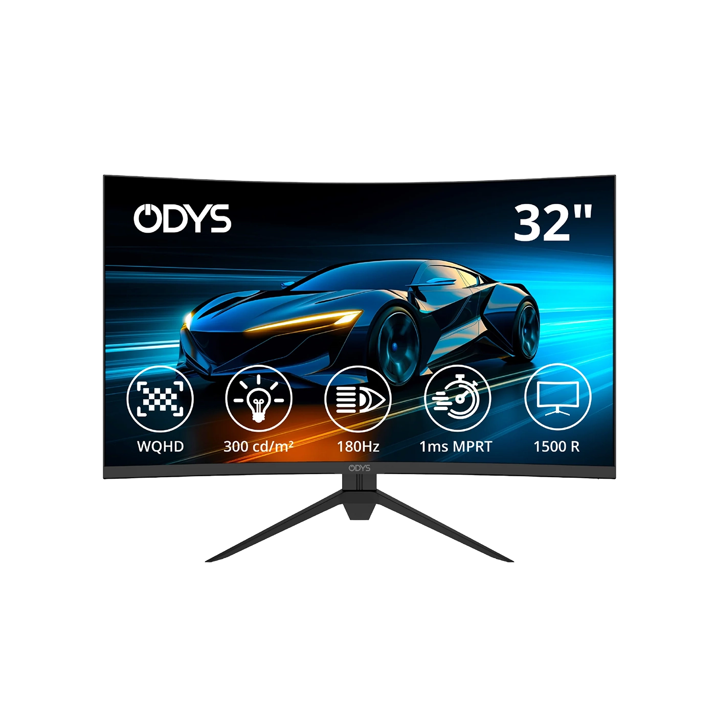 Der Odys XP32-X Curved Gaming Monitor (32 Zoll, 80 cm) zeigt eine Sportwagengrafik mit Symbolen für WQHD-Auflösung, 300 cd/m² Helligkeit, 180 Hz Bildwiederholrate, 1 ms MPRT-Reaktionszeit und ein 1500R gebogenes Display.