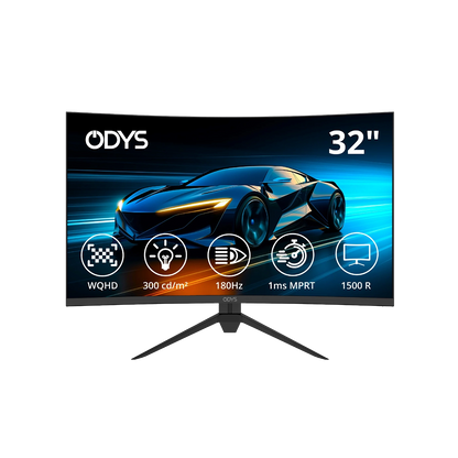 Der Odys XP32-X Curved Gaming Monitor (32 Zoll, 80 cm) zeigt eine Sportwagengrafik mit Symbolen für WQHD-Auflösung, 300 cd/m² Helligkeit, 180 Hz Bildwiederholrate, 1 ms MPRT-Reaktionszeit und ein 1500R gebogenes Display.