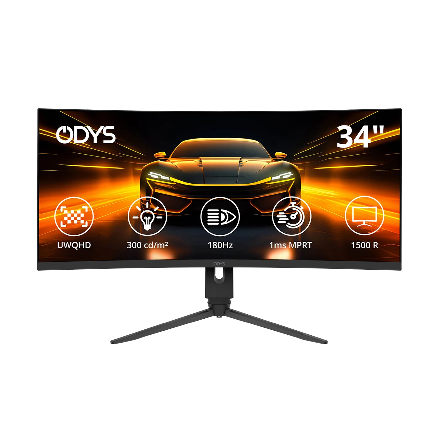Der Odys XP34 PRO-X Curved Gaming Monitor (34 Zoll, 86 cm) bietet eine UWQHD-Auflösung, 300 cd/m² Helligkeit, eine Bildwiederholfrequenz von 180 Hz, eine MPRT-Reaktionszeit von 1 ms und ein 1500R gebogenes Display.