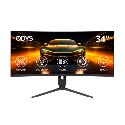 Der Odys XP34 PRO-X Curved Gaming Monitor (34 Zoll, 86 cm) bietet eine UWQHD-Auflösung, 300 cd/m² Helligkeit, eine Bildwiederholfrequenz von 180 Hz, eine MPRT-Reaktionszeit von 1 ms und ein 1500R gebogenes Display.