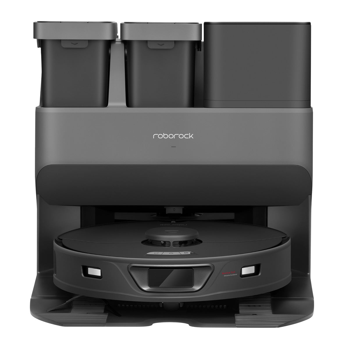 Ein Roborock S7 Max Ultra Black Staubsauger sitzt in seiner Dockingstation mit zwei Aufbewahrungsbehältern auf der Oberseite, von vorne gesehen.
